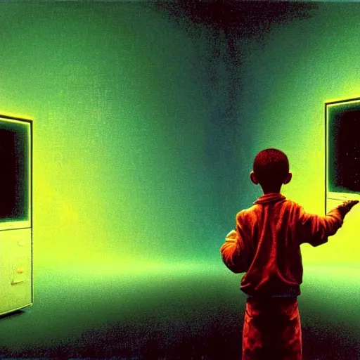 Image similar to 8k professional photo of an 8 years old enlightened and scared boy standing in front of an old computer from 90s with a game doom2 at the monitor screen in a vr vaporvawe space, Beksinski impasto painting, part by Adrian Ghenie and Gerhard Richter. art by Takato Yamamoto, masterpiece. still from a movie by Gaspar Noe and James Cameron