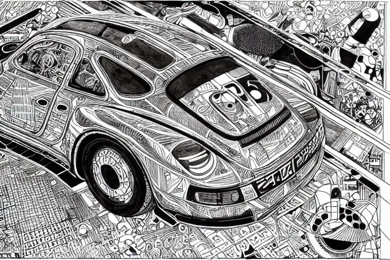 Image similar to a black and white drawing of a porsche 9 5 9 deconstructed schematic, a detailed mixed media collage by hiroki tsukuda and eduardo paolozzi and moebius, intricate linework, sketchbook psychedelic doodle comic drawing, geometric, street art, polycount, deconstructivism, matte drawing, academic art, constructivism