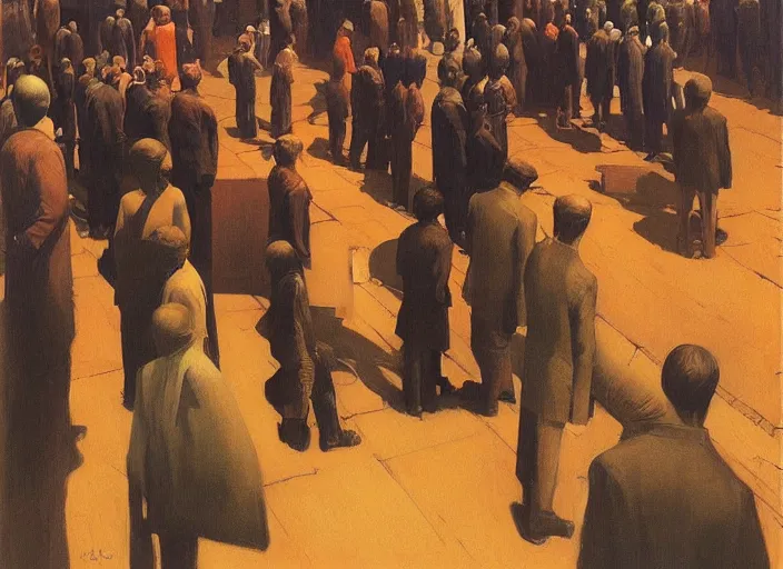 Prompt: crowd waiting in line, science fiction, Edward Hopper and James Gilleard, Zdzislaw Beksinski highly detailed