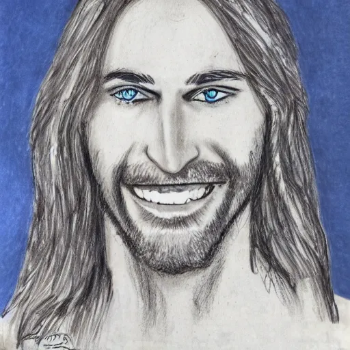 Image similar to sketch of a caucasian face, medium long hair, bad skin, skinny, blue eyes, smiling, climber