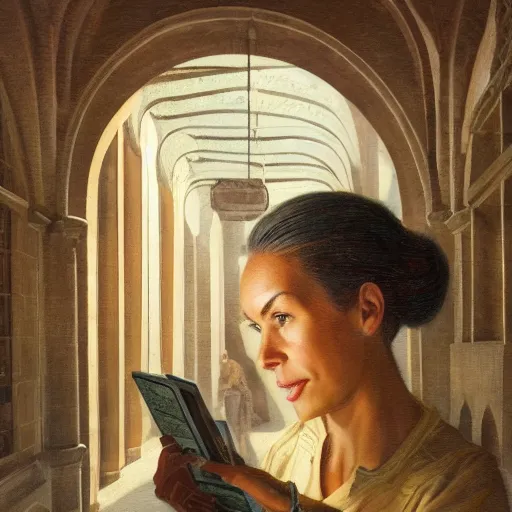 Image similar to detailed face of an intelligent scholarly woman with kind eyes in a architectonic capital courtyard at a science expo, atmospheric, ambient, pj crook, syd mead, livia prima, artgerm, greg rutkowski, nick alm, casey baugh