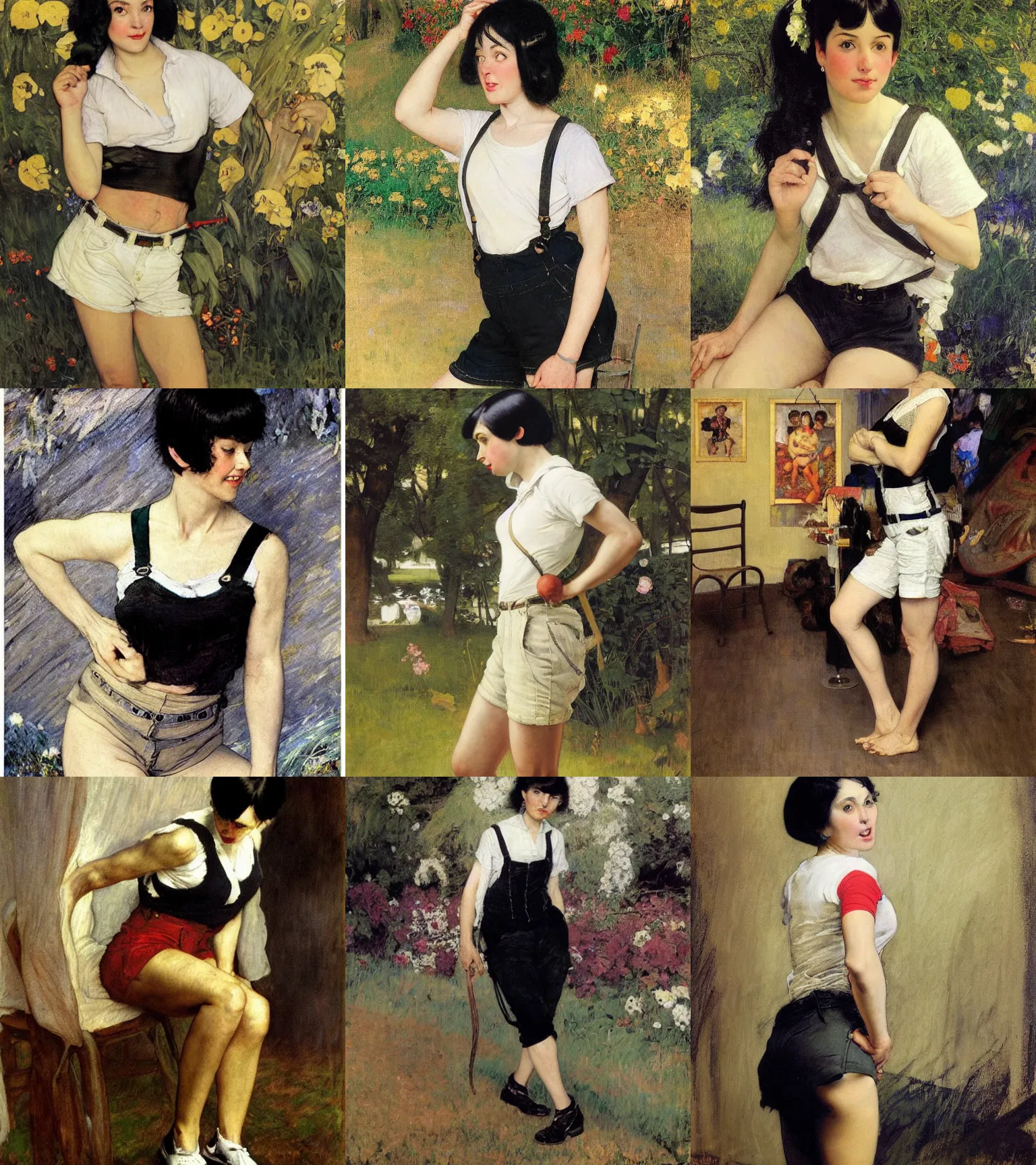 Prompt: a woman with black hair and long pixie haircut in shorts with suspenders and white t-shirt drawn by george bellows, norman rockwell, frank frazetta, alphonso azpiri, peter paul rubens, alphonse mucha, gustav klimt 4k, unreal 5, DAZ, french noveau, trending on artstation, octane render, hyperrealistic