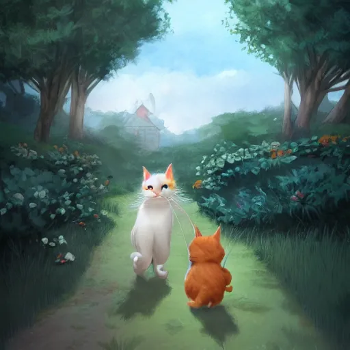 Image similar to two calico cats walking together outside on a beautiful day, cute storybook illustration, trending on artstation, cgsociety, beautiful painting