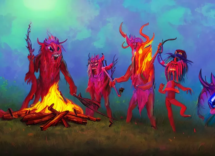 Image similar to Ethnic demons making music on a campfire on the night, colourful stars on the sky, trending on Artstation