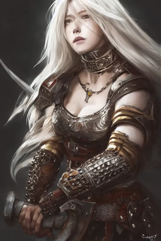 Image similar to A realistic anime portrait of a beautiful white haired female barbarian wearing an intricate viking armor, digital painting, by Stanley Artgerm Lau, Sakimichan, WLOP and Rossdraws, digital painting, painterly, Pixiv, Deviantart, golden ratio, rule of thirds, good composition, HD, 8k, award winning, promo art, splash art, rpg, jrpg, dungeons and dragons, DND, trending on ArtStation