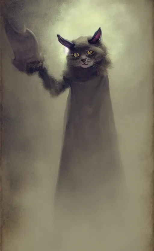 Image similar to a bipedal cat that has goat horns, anthropomorphic cat that is wearing robes, matte oil painting, by james abbott mcneill whistler, d & d, character reveal, fantasy, concept art, cosmic, magical, fog, noble, full body portrait, intricate, ornate, extremely detailed, cult, ritual, sharp focus, 4 k, 8 k