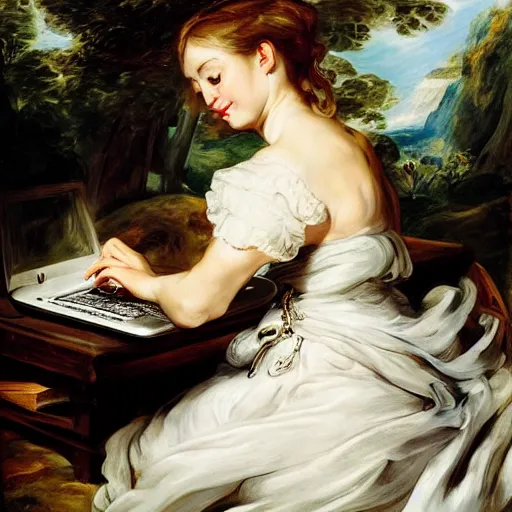 Prompt: heavenly summer sharp land sphere scallop well dressed lady working on her laptop auslese, by peter paul rubens and eugene delacroix and karol bak, hyperrealism, digital illustration, fauvist, laptop, laptop