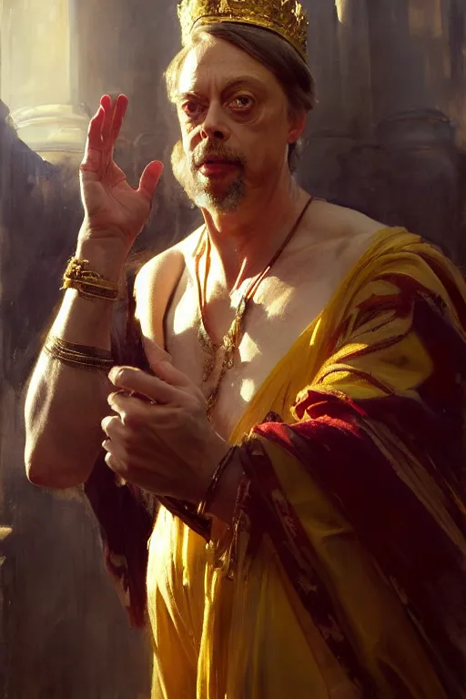 Image similar to beautiful expressive oil painting portrait of ancient roman god emperor steve buscemi ascending wearing the civic crown, art by anders zorn, wonderful masterpiece by greg rutkowski, beautiful cinematic light, american romanticism by greg manchess, jessica rossier