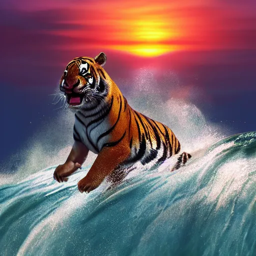 Image similar to a closeup photorealistic photograph of a smiling cute tiger hippopotamus riding a large wave during sunset. surf in the background. professional capture. brightly lit scene. this 4 k hd image is trending on artstation, featured on behance, well - rendered, extra crisp, features intricate detail, epic composition and the style of unreal engine.