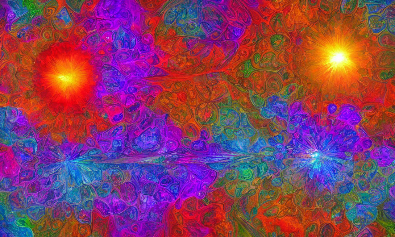 Image similar to acrylics blob voronoi engine laboratory 3 d volume kaleidoscope mandala fractal chakra digital multicolor stylized concept substance liquid nebula stone, a spectacular view cinematic rays of sunlight comic book illustration, by john kirby radiating a glowing aura global illumination ray tracing hdr depth fog overlay multiply photoshop layer