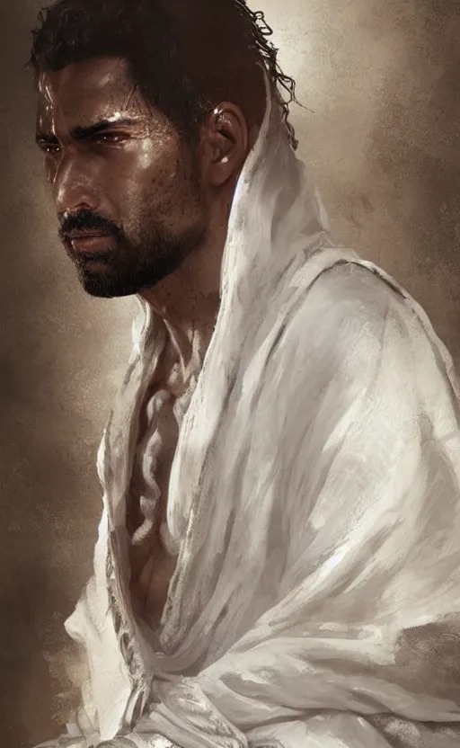 Prompt: Portrait of a rugged north african man wearing white robes, male, detailed face, fantasy, highly detailed, cinematic lighting, digital art painting by greg rutkowski