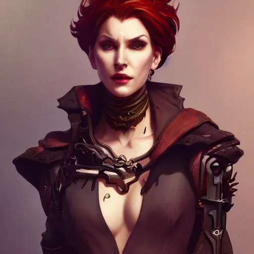 Image similar to dark fantasy character portrait of Moira from Overwatch, dystopian mood, intricate, wild, highly detailed, digital painting, artstation, upper body, concept art, smooth, sharp focus, illustration, art by artgerm and greg rutkowski and alphonse mucha