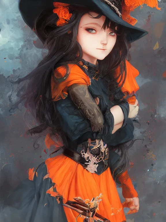 Image similar to Full shot of a cute mischievous young witch about to get up to some trouble. Latin American fashion. Black and Orange palette. Latina girl. From Encanto. By Ruan Jia and Artgerm and Range Murata and WLOP and CLAMP and Loish. Key Art. Fantasy Illustration. award winning, Artstation, intricate details, realistic, Hyperdetailed, 8k resolution.