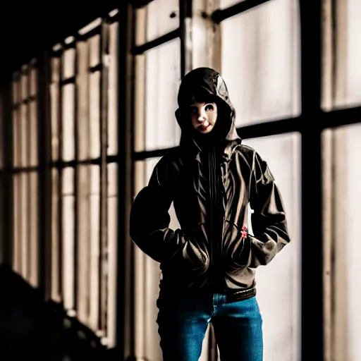 Image similar to photograph of a techwear mixed young woman inside a hidden busy speakeasy, closeup, brutalist design, sigma 85mm f/1.4, 4k, depth of field, high resolution, 4k, 8k, hd, full color