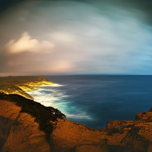 Image similar to micro - hurricane, blue hour, early night, deep blue atmosphere, low light, black and blue sky, sundown, scattered islands, sea, ocean, low pressure system, cloud with eye, very windy, late evening, distant hotel retreat on cliffside, shining lights on cliff side, polaroid photograph