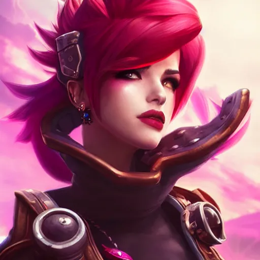 Image similar to portrait of Vi from League of Legends, by Fortiche Studio, by Riot Games, from Netflix's Arcane, trending on artstation,fine details, realistic shaded, fine-face, Steampunk city on the background, red hair, painted texture, pretty face,by Artgerm