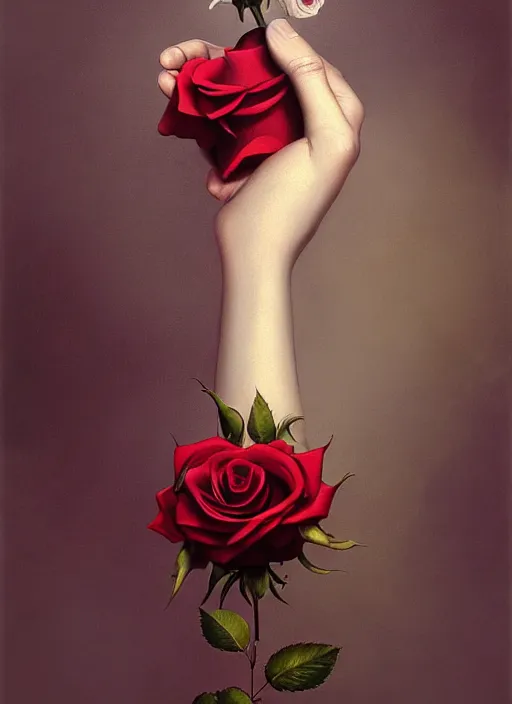 Image similar to a bird with hands holds a rose, hyperrealism, no blur, 4 k resolution, ultra detailed, style of tyler edlin, tom bagshaw, arthur rackham, ivan shishkin