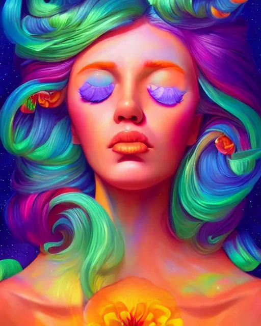 Prompt: a realistic colorful painting of a iridescent - haired flower woman with her eyes closed, digital art by rhads, lisa frank, clint cearley, trending on artstation, psychedelic art, psychedelic, vibrant colors, mystical, digital illustration