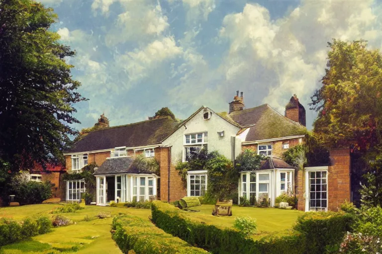 Image similar to vaporwave, an estate agent listing photo, external view of a 5 bedroom detached countryside house in the UK, by Paul Lehr