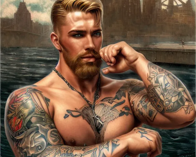 Image similar to handsome tattooed blonde gym bro by the water, steampunk painting by artgerm, gaston bussiere, craig mullins, j. c. leyendecker, tom of finland