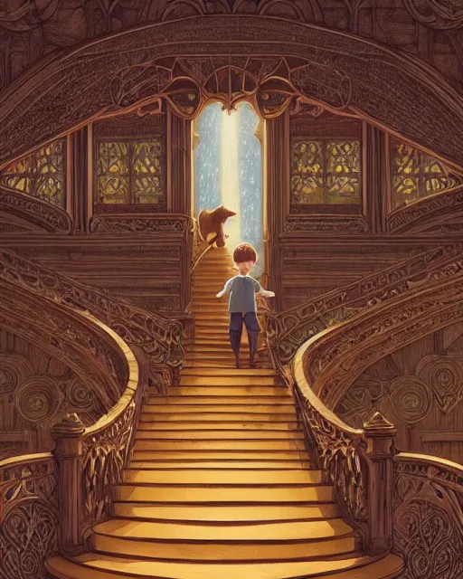 Image similar to the little prince on staircase at livraria lello, real life skin, intricate, highly detailed, artstation, concept art, smooth, sharp focus, art by artgerm and greg rutkowski