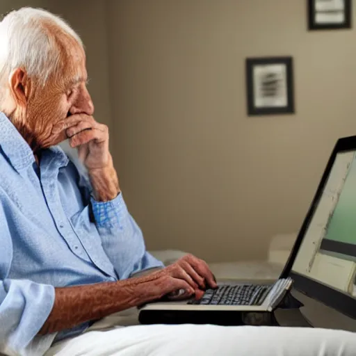 Image similar to elderly man sitting inside a casket browsing internet on laptop from a casket casket