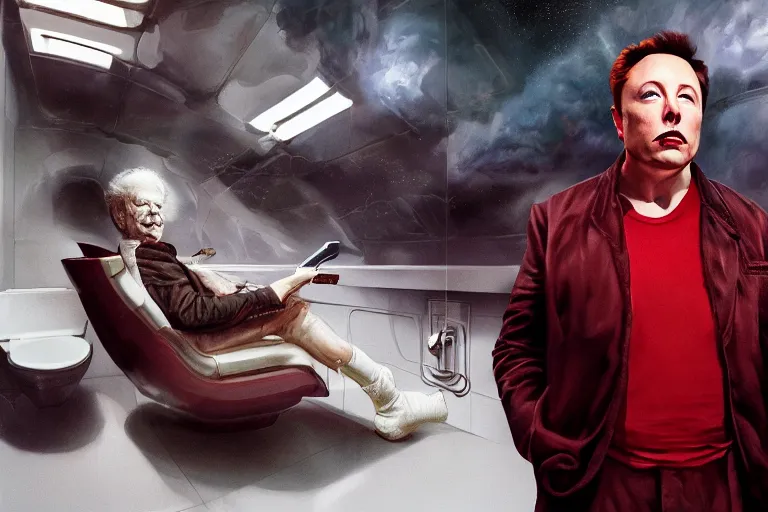 Prompt: hyperrealism aesthetic ridley scott and denis villeneuve style photography of a detailed hyperrealism elon musk, siting on a detailed hyperrealism toilet and scrolling his detailed smartphone in hyperrealism scene from detailed art house movie in style of alejandro jodorowsky and wes anderson