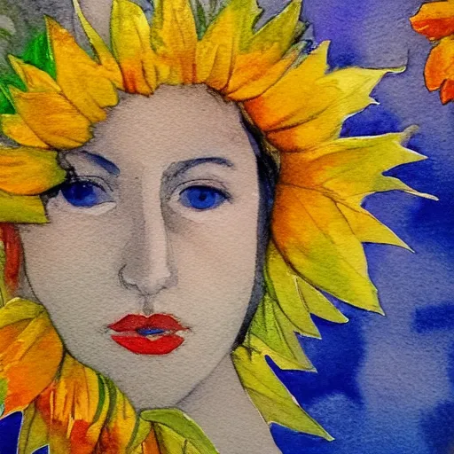 Image similar to molly sanden, watercolor, in the style of claude monet, beautiful face, sunflowers, fall leaves red and orange, award winning, hd, 4 k, purple, blue