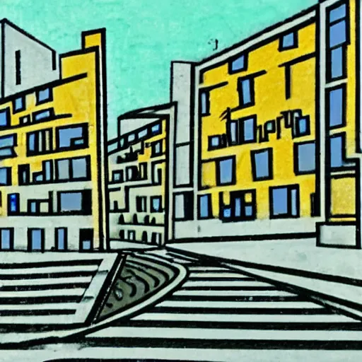 Prompt: drawing of a street in tel aviv with bauhaus buildings in a junction. art