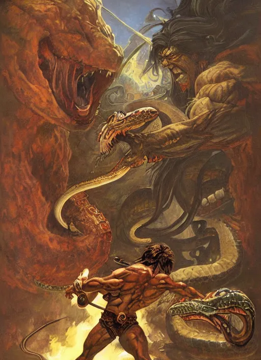 Prompt: a highly detailed symmetrical painting of conan fighting a mythical snake creature, dynamic lighting, ambient lighting, deviantart, art by frank frazetta and glenn fabry