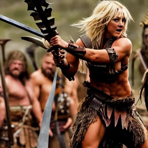 Image similar to julianne hough as a barbarian warrior, battle scene