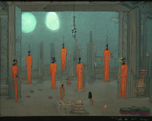 Prompt: Strange beings gathering inside the temple. Yves Tangyu.