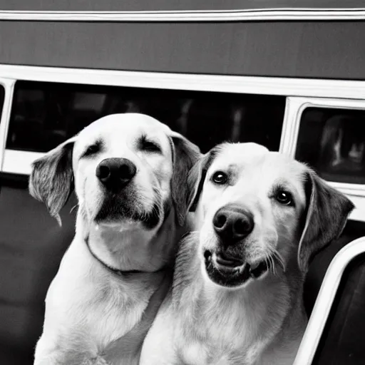 Image similar to a photo of two dogs sitting in front of the bus, hd award winning photograph, high detailed, 2001 style