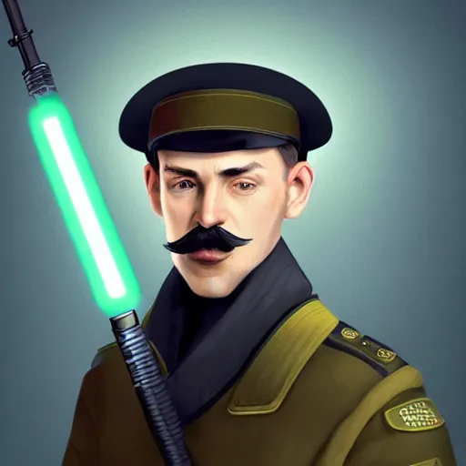 Prompt: character portrait of a russian man in khaki military tunic wearing black wool high hat with black moustache holding a blue lightsaber, medium shot, oncept art, global illumination, 4 k, hyper detailed, pixar animation style, 8 k, studio light, award winning, by artgerm, sylvain sarrailh, rossdraws, wlop, beautiful