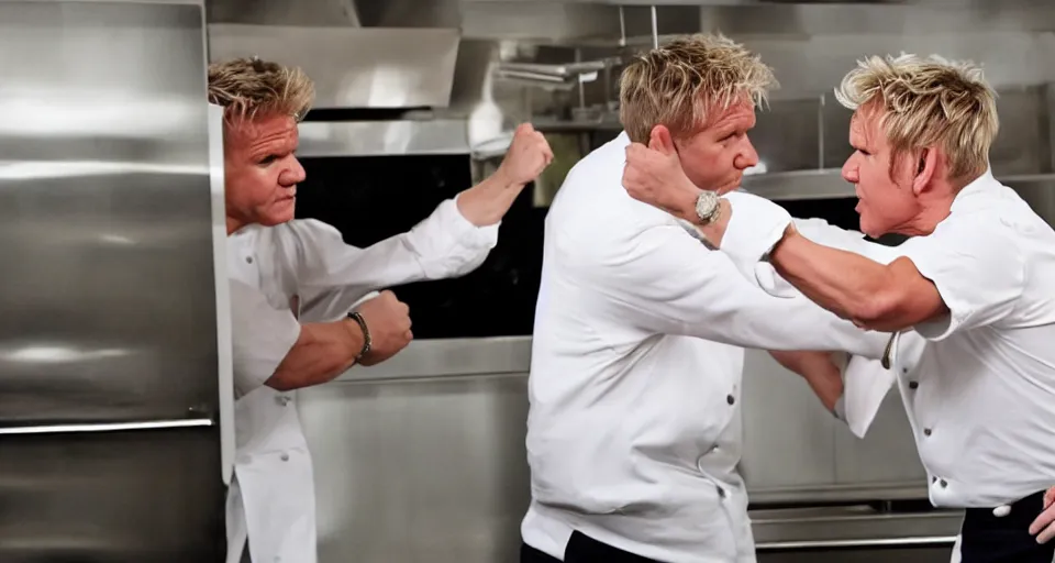 Image similar to photo of angry furious Gordon Ramsay punching Gordon Ramsay at the kitchen