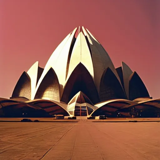 Image similar to futuristic lotus temple with gold, red and white marble panels, in the desert, by buckminster fuller and syd mead, intricate contemporary architecture, photo journalism, photography, cinematic, national geographic photoshoot