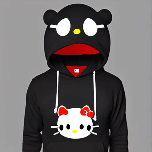 Image similar to Portrait of black Hello Kitty in hoodie, 8k, trending on ArtStation, hyperdetalied,