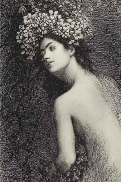 Image similar to extreme close-up portrait of a beautiful french woman from behind with flower in the head, forest background, Gustave Dore lithography