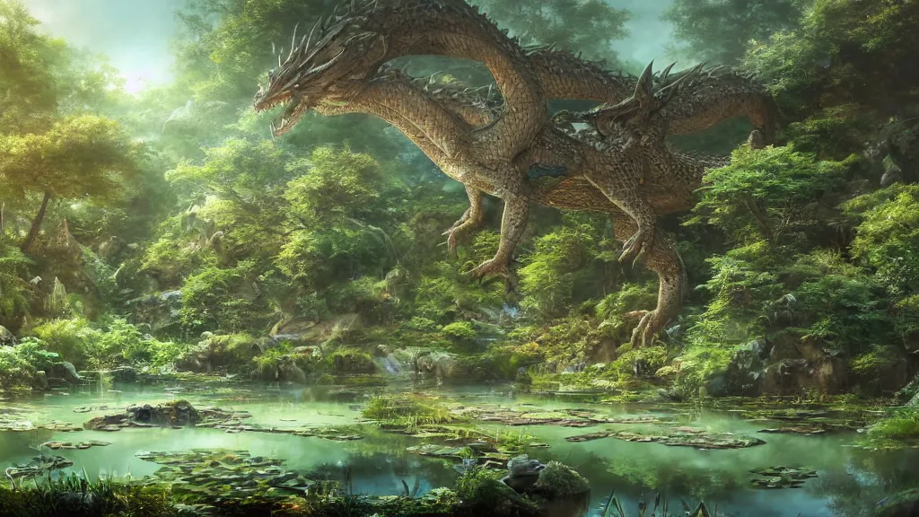 Prompt: a ultradetailed beautiful matte painting of a peaceful pond with a clear water where a majestic ancient dragon with intricate green scale is peacefully sleeping, dynamic lighting, cinematic lighting, lit by morning light, by krenz cushart and artgerm, anime