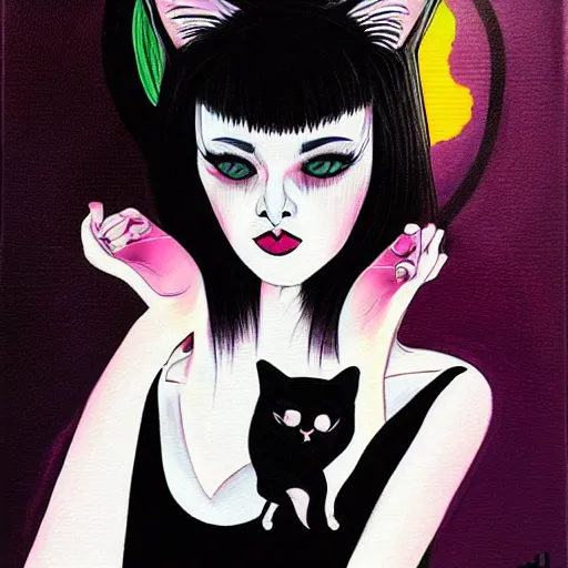 Prompt: woman holding a cat, by harumi hironaka