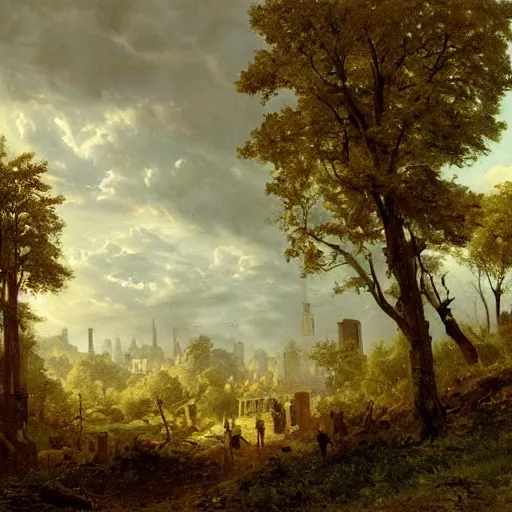 Prompt: post apocalyptic frankfurt, overgrown, landscape, romanticism by andreas achenbach