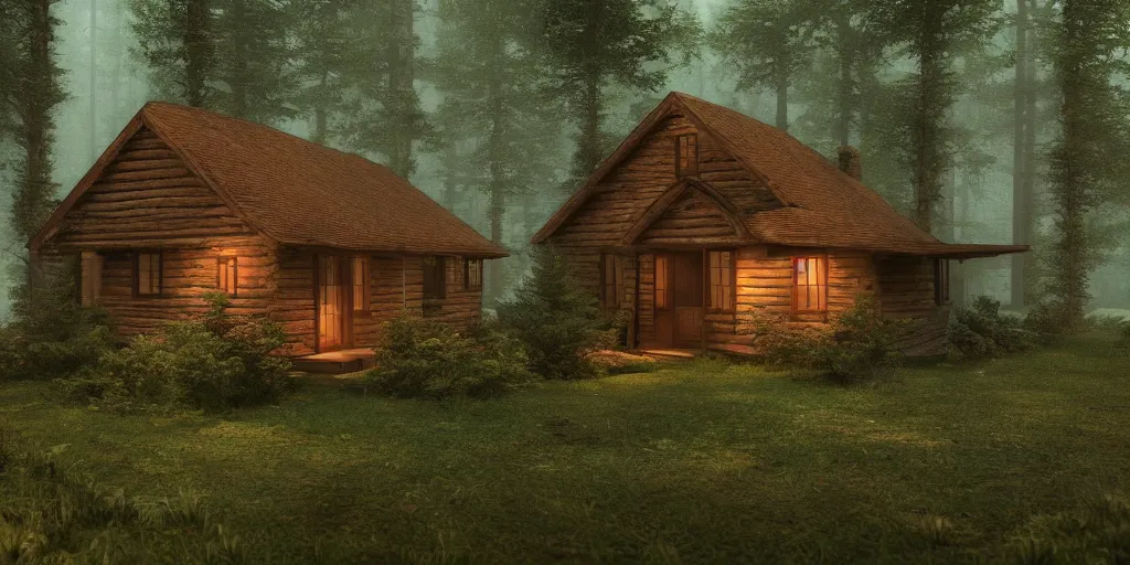 Image similar to a single cottage in the woods and empty woods, 8k, fantasy, realistic, atmospheric lighting