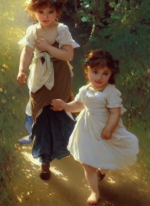 Image similar to a cute little girl with a round cherubic face, blue eyes, and short wavy light brown hair holding hands with her brother and running. beautiful painting by artgerm and greg rutkowski and alphonse mucha