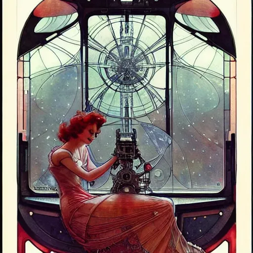 Image similar to ( ( ( ( ( 1 9 5 0 s retro future intricate machine spaceship large window. muted colors. art nouveau ) ) ) ) ) by jean baptiste monge!!!!!!!!!!!!!!!!!!!!!!!!! chrome red