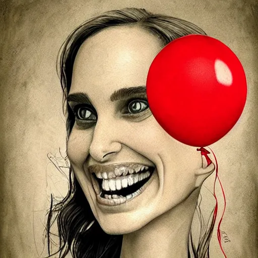 Image similar to surrealism grunge cartoon portrait sketch of natalie portman with a wide smile and a red balloon by - michael karcz, loony toons style, mad max style, horror theme, detailed, elegant, intricate