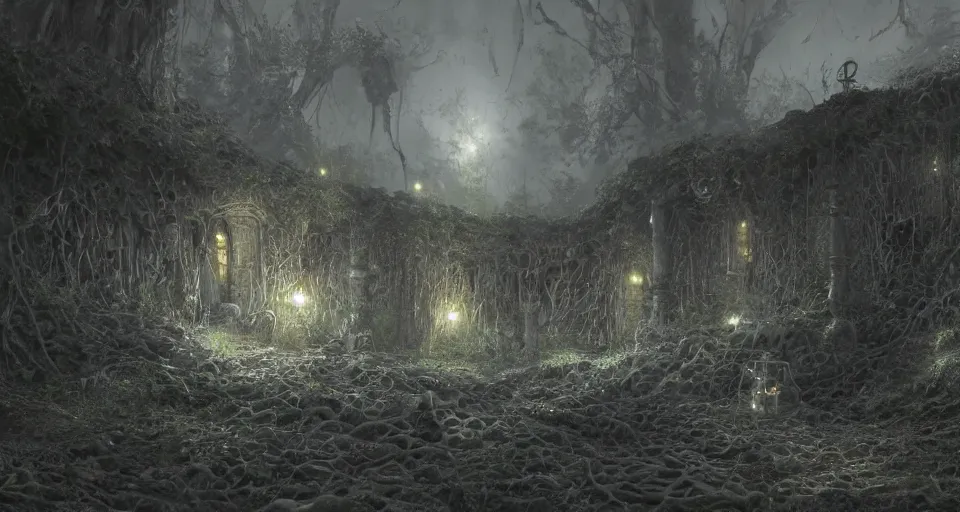 Image similar to craig mullins and ghibli digital art of the vine walls, the moonlight pouring from the top, the atmosphere is ghostly, the bronze coffin in the middle, dragged by chains. color gray depression, moderate gray ， unreal engine, hyper realism, realistic shading, cinematic composition, realistic render, octane render, detailed textures, photorealistic, wide shot