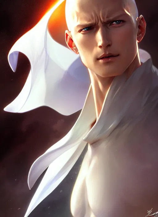 Image similar to ultra realistic illustration, handsome saitama. white cape, intricate, elegant, highly detailed, digital painting, artstation, concept art, smooth, sharp focus, illustration, art by artgerm and greg rutkowski and alphonse mucha and wlop