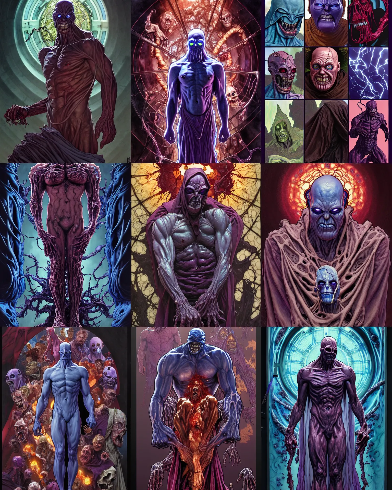 Prompt: the platonic ideal of cell shaded of cletus kasady ultimate carnage thanos dementor doctor manhattan chtulu nazgul, detailed, intricate, hyperrealism, intense, scary, decay, dmt, art by brock hofer and artgerm and greg rutkowski and alphonse mucha