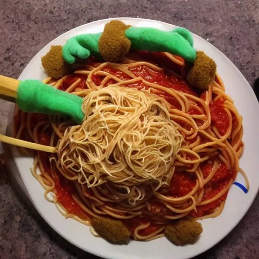 Image similar to italian chef cooking muppets like spaghetti