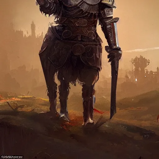 Prompt: A medieval knight, the design of his armor is inspired by a lion, by greg rutkowski, in the design of magic the gathering